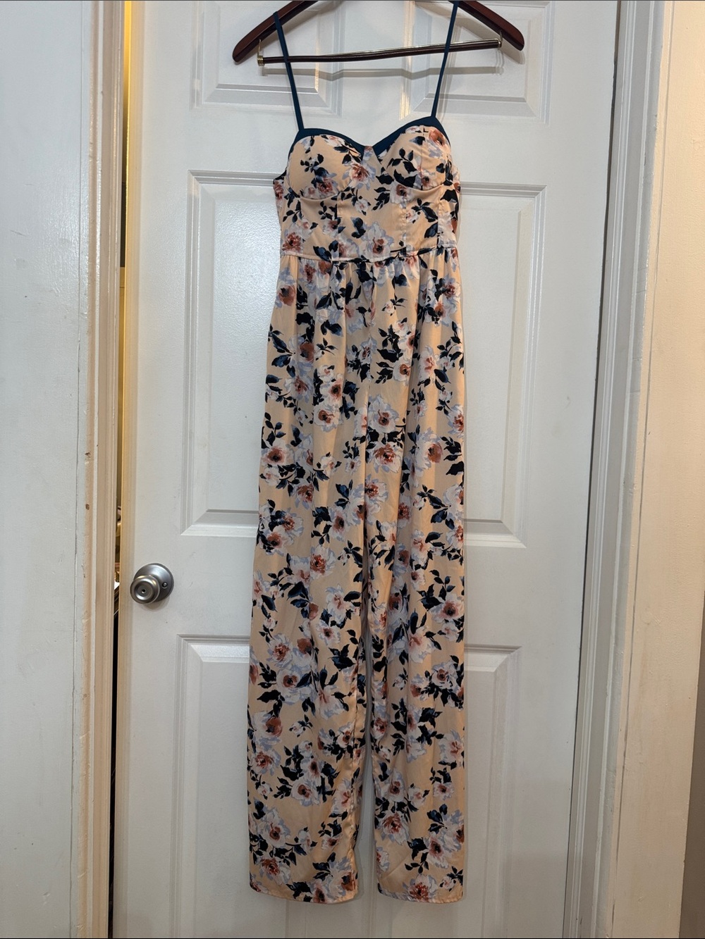 Band of Gypsies Beige Floral Jumpsuit with Navy Straps